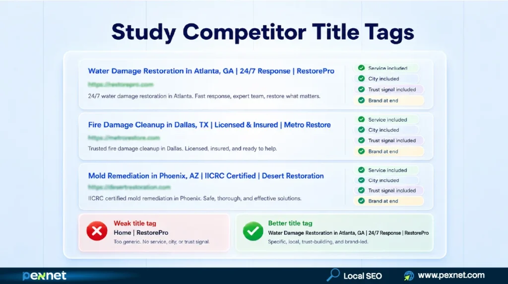 Competitor title tag analysis for restoration local SEO