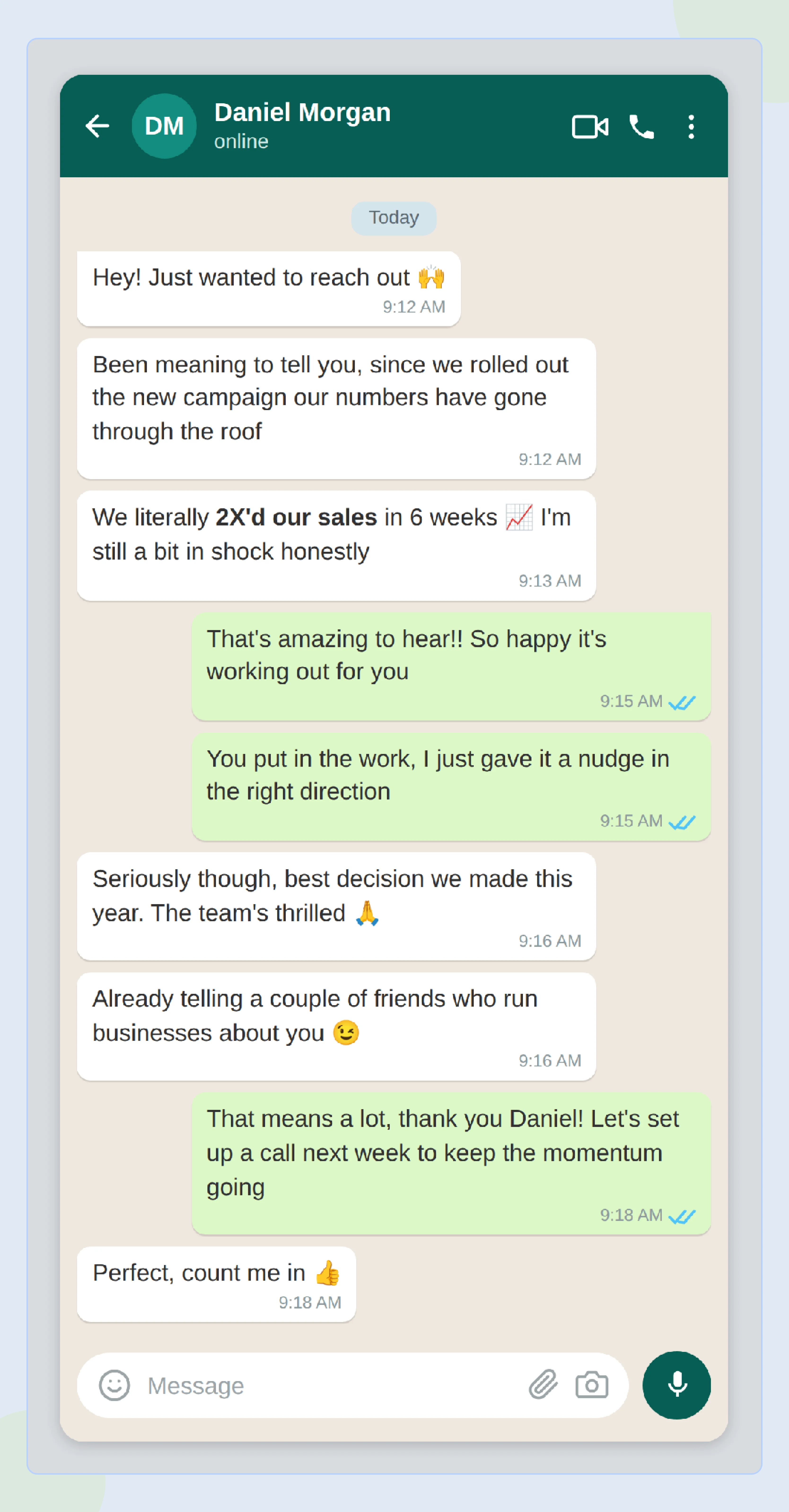 WhatsApp chat where the client shares results after the campaign