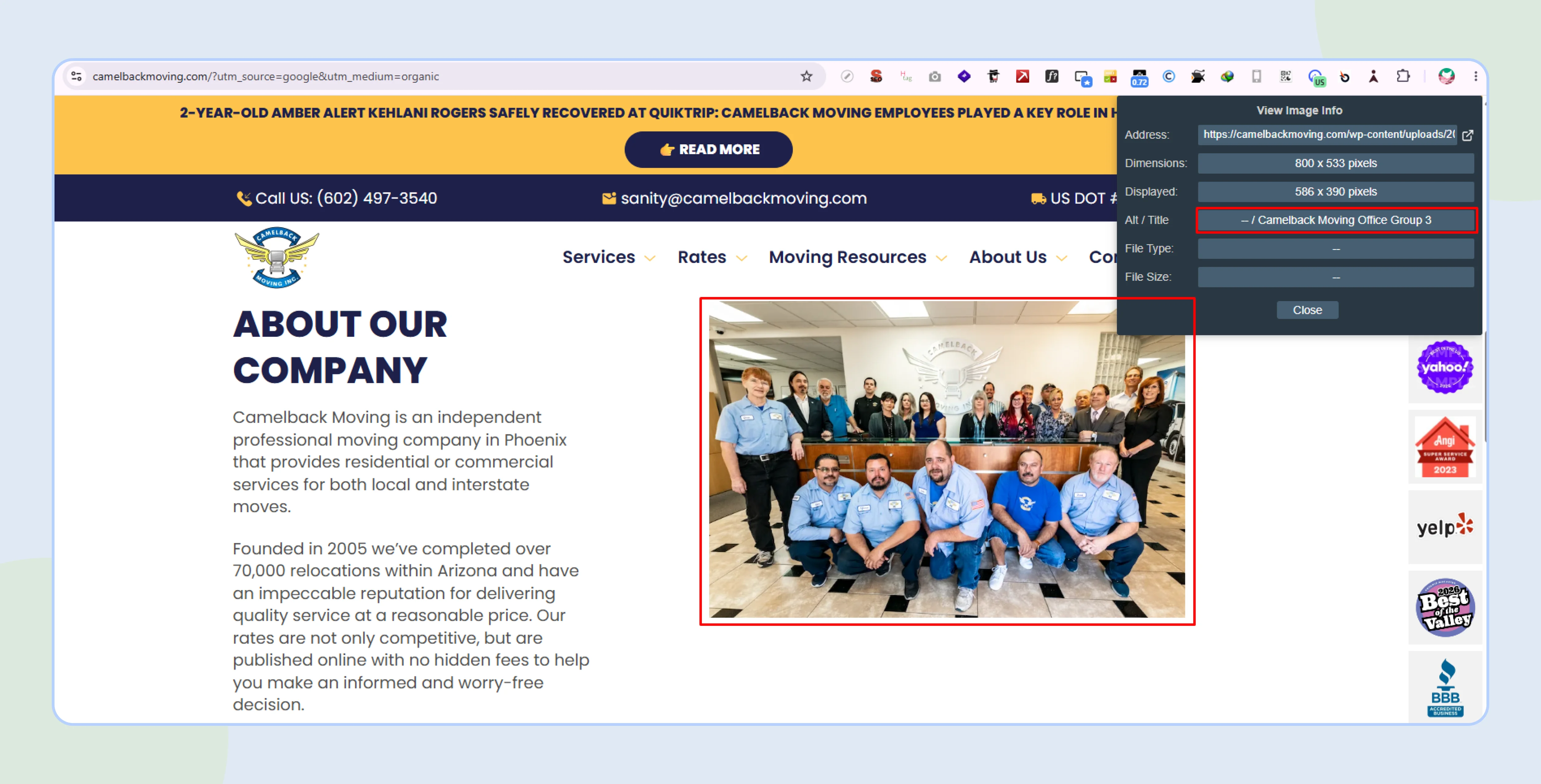 Image inspector showing descriptive alt text on the team photo