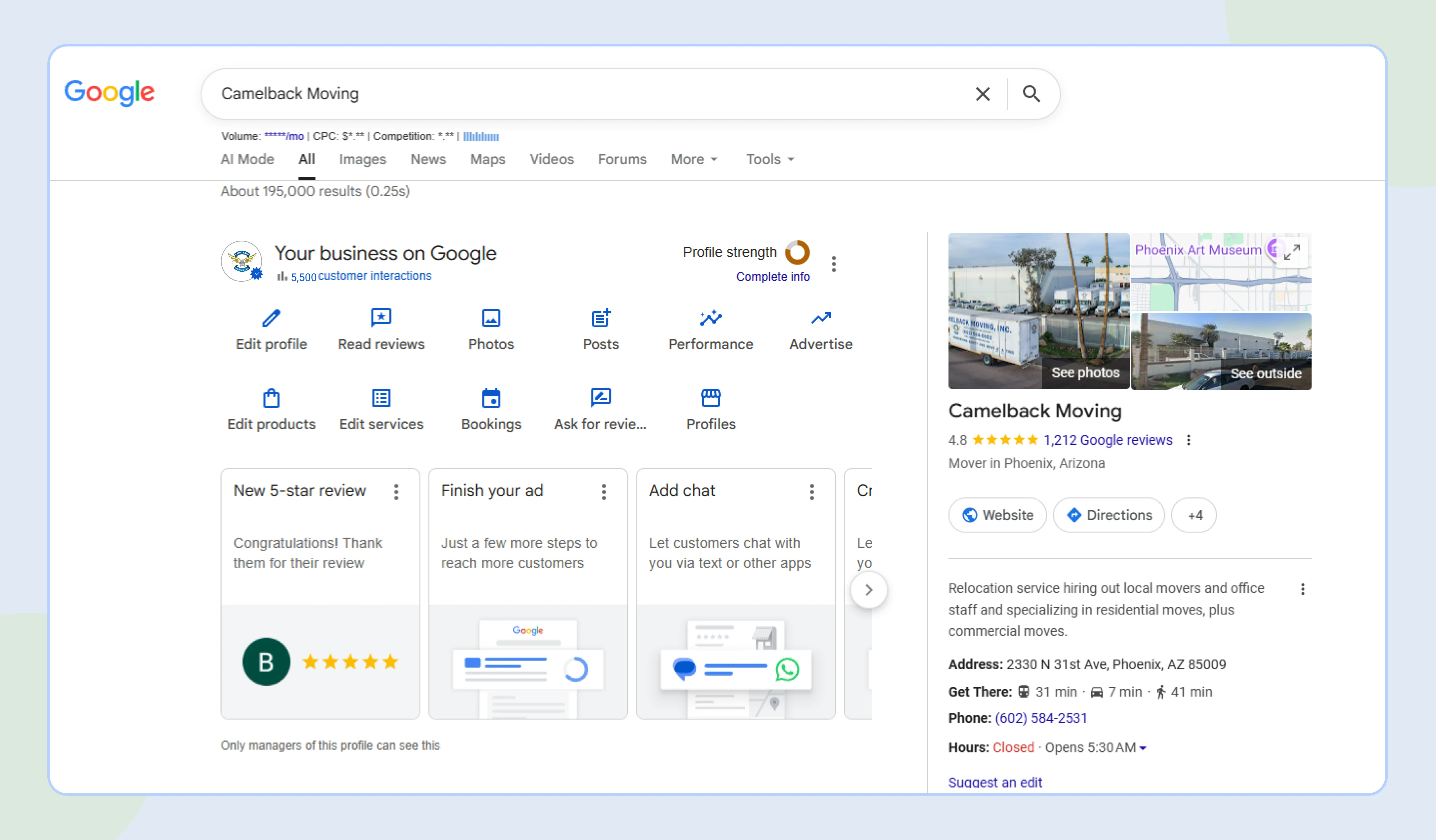 Google Business Profile dashboard inside local search results