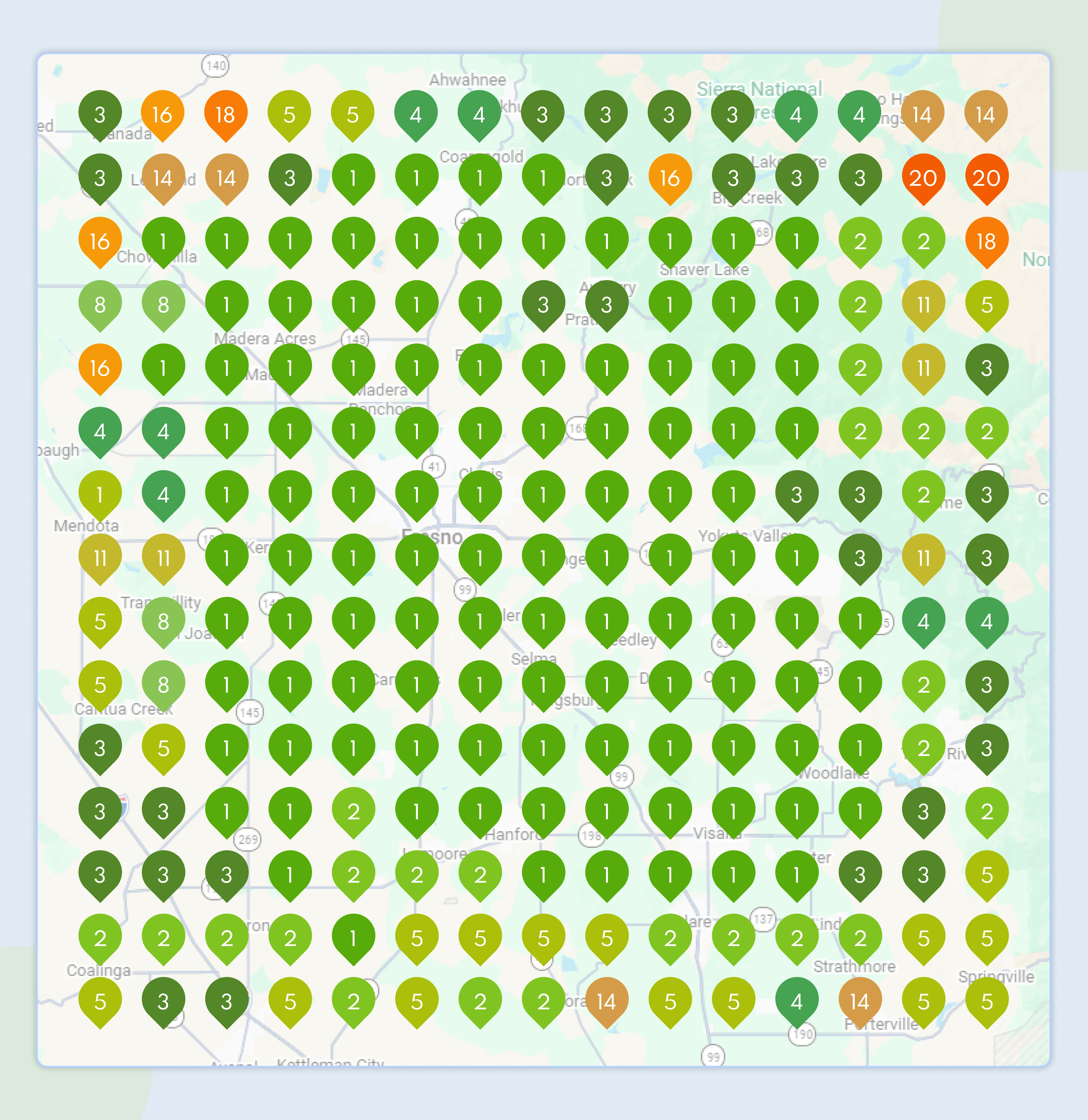 Local grid map showing ranking in top three across San Diego