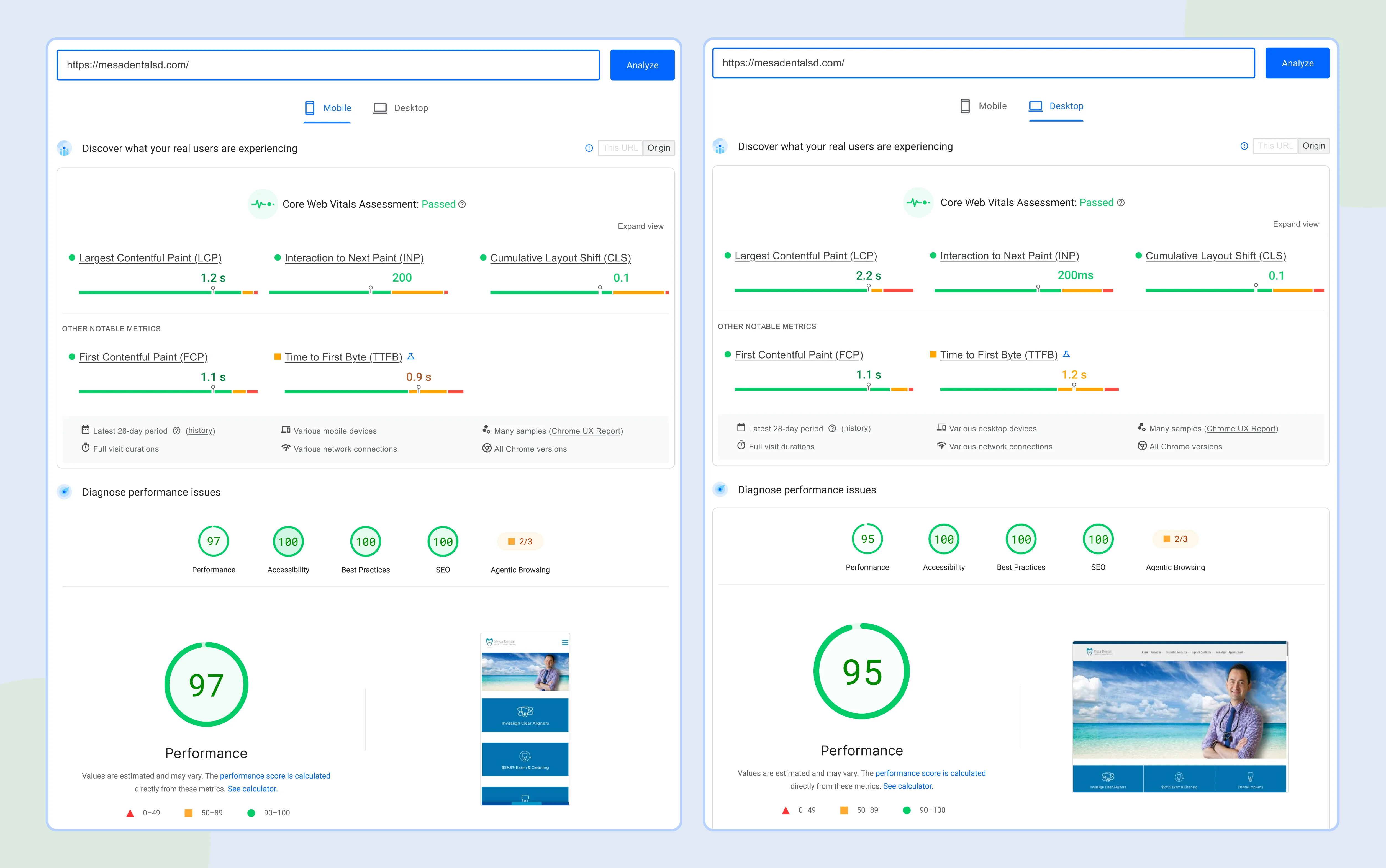 PageSpeed Insights mobile report showing 90 plus performance for Mesa Dental
