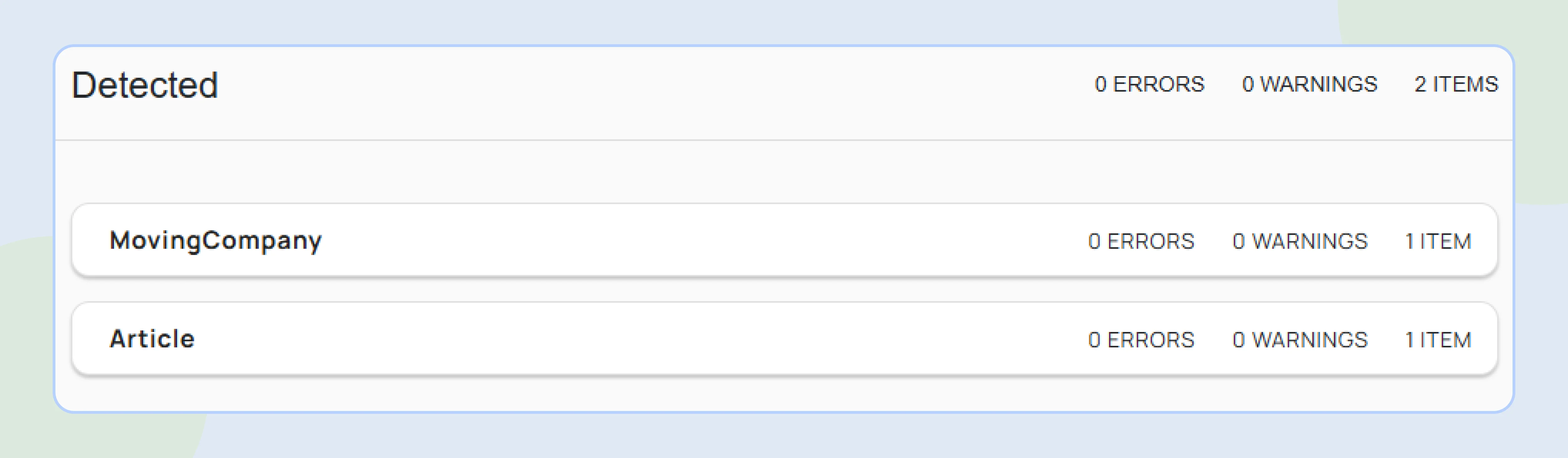 Schema validator detecting MovingCompany and Article with 0 errors