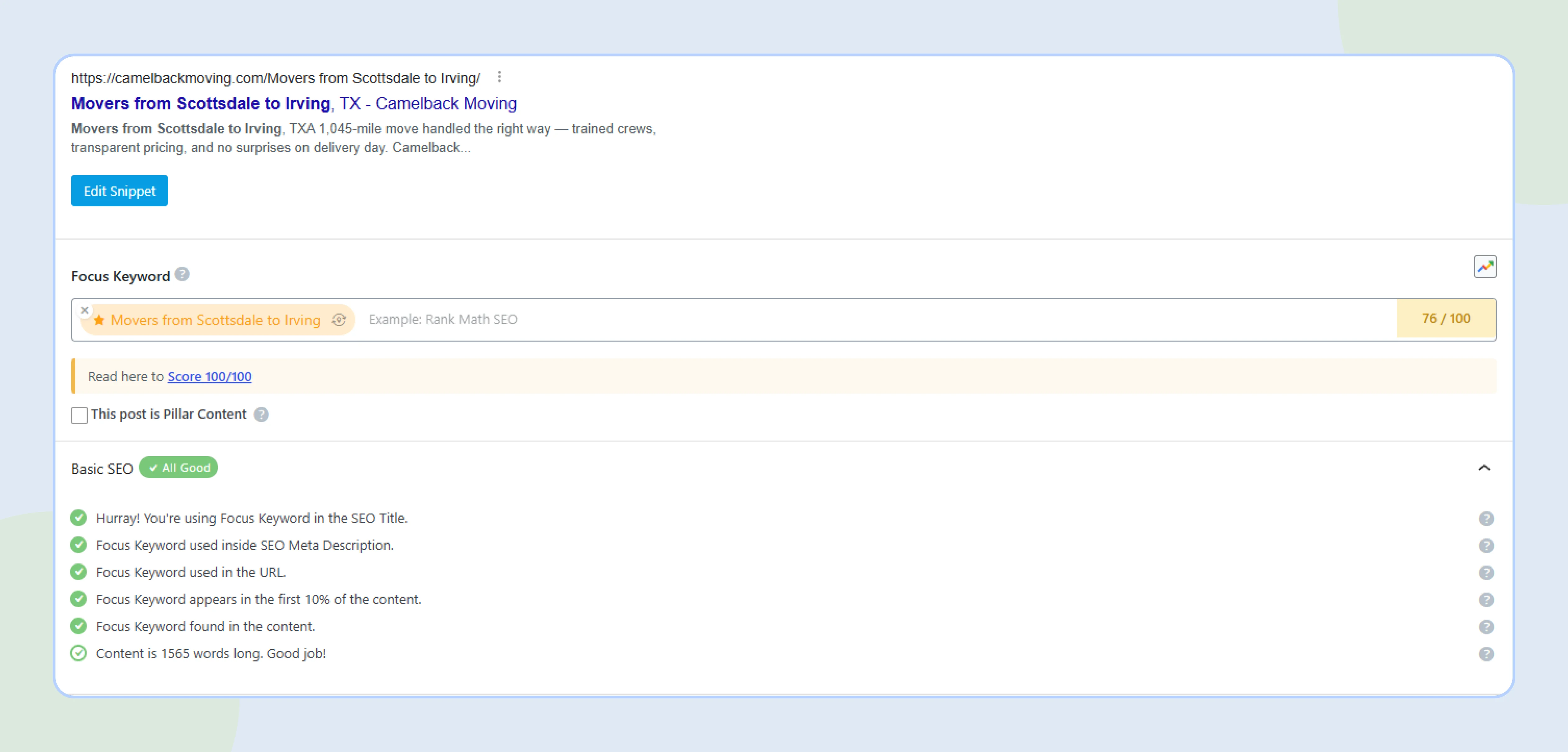 Rank Math snippet with optimized title tag and meta description