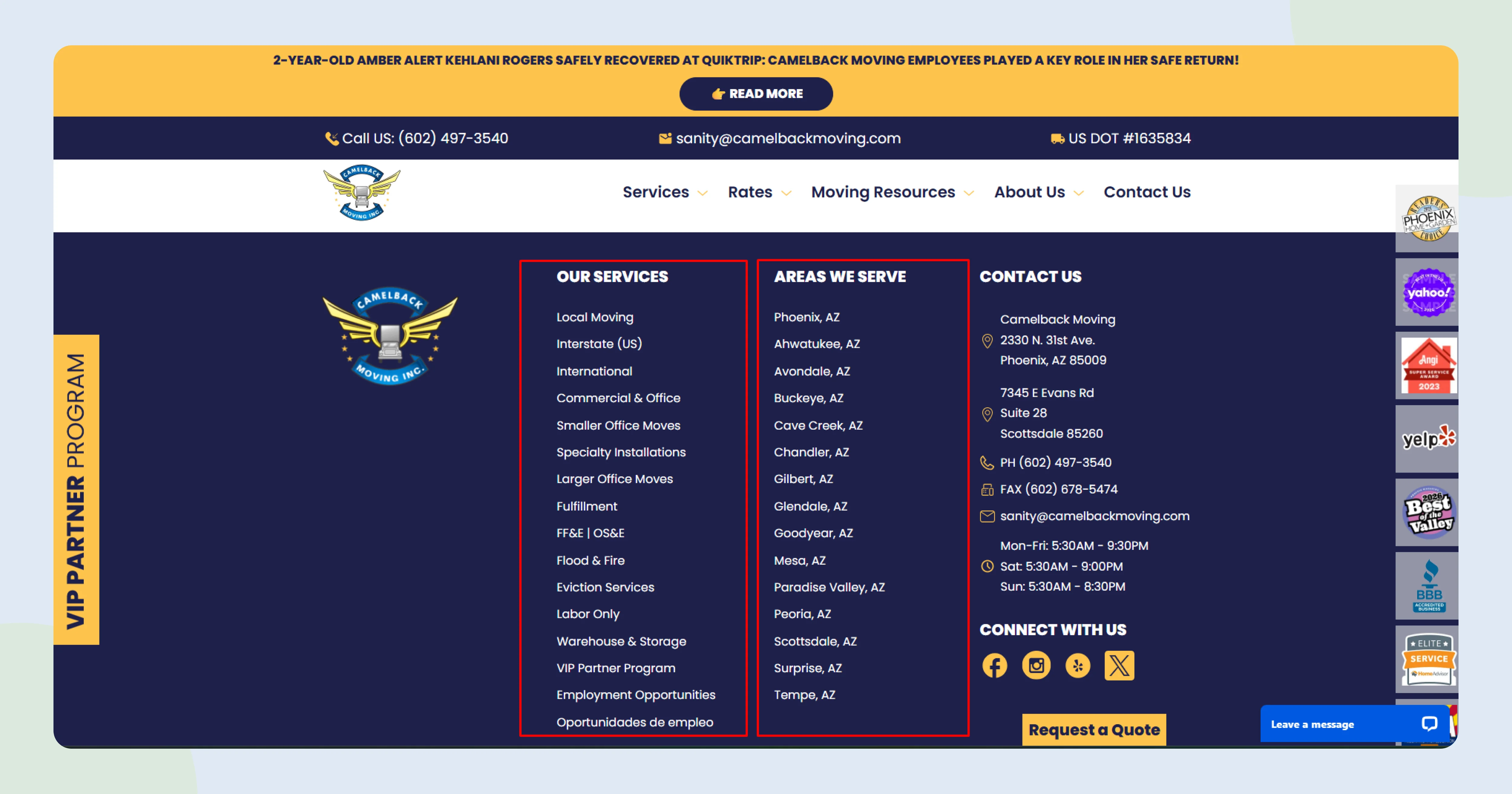 Website footer listing moving services and Phoenix service areas