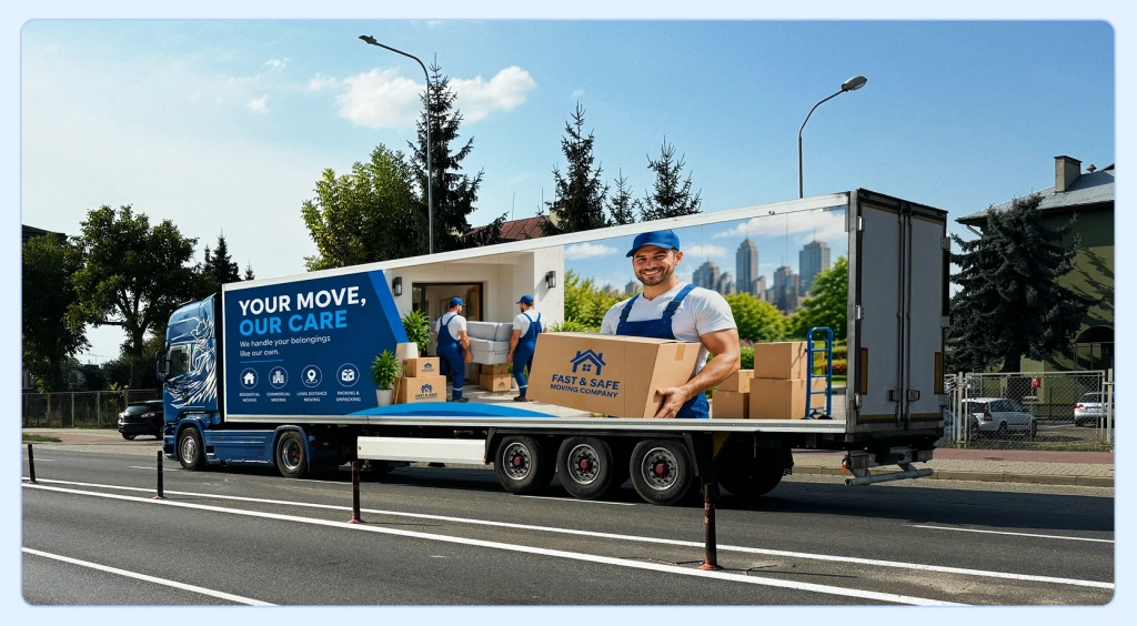 Moving truck wrapped with logo, services and tagline on a city street