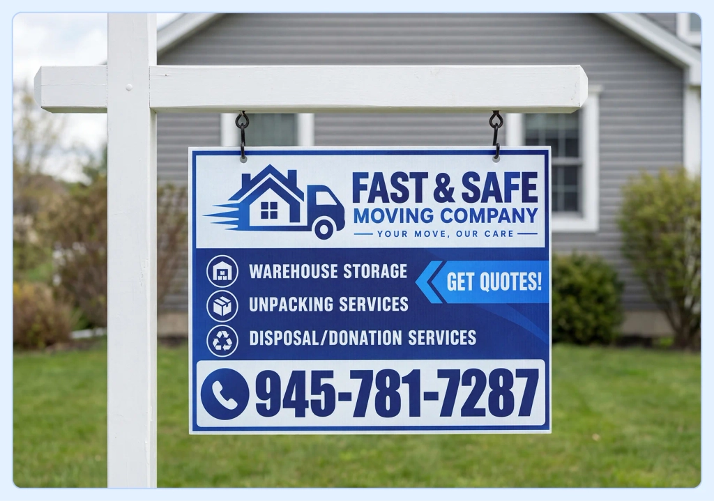 Moving company yard sign with logo, services and phone on a front lawn