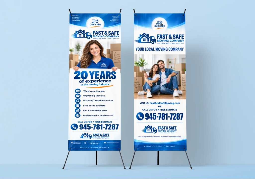 Two moving company pull-up banners showing services and a phone number
