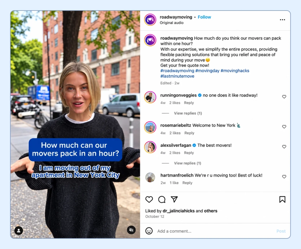 Instagram reel ad asking how much a moving crew can pack in one hour